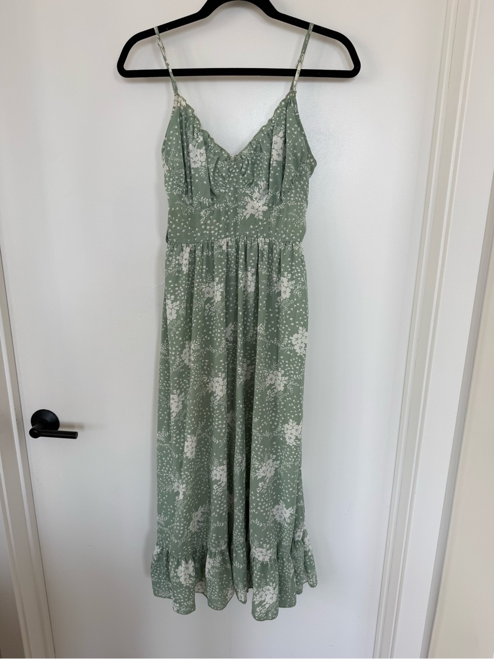 Simple Sage Green Floral Slip Dress with Spaghetti Straps